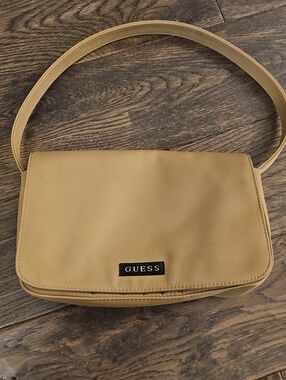 Y2K GUESS Tan Shoulder Bag with Front Logo Plaque